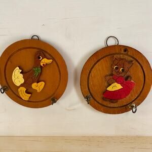 Antique 1939 Hand Painted Wood Wall Plaques Pair Folk Art Duck Kitten Pre-War